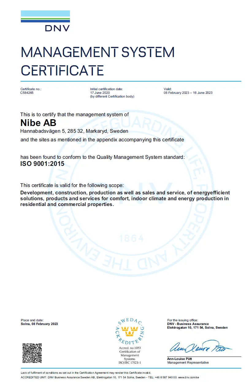 NIBE ISO certifikat EN 9001 14001