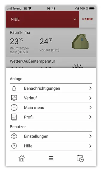 Screenshot Optionen in myUplink
