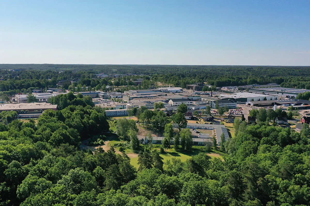 här tillverkas NIBE Flow ventilationsaggregat, flygbild markaryd