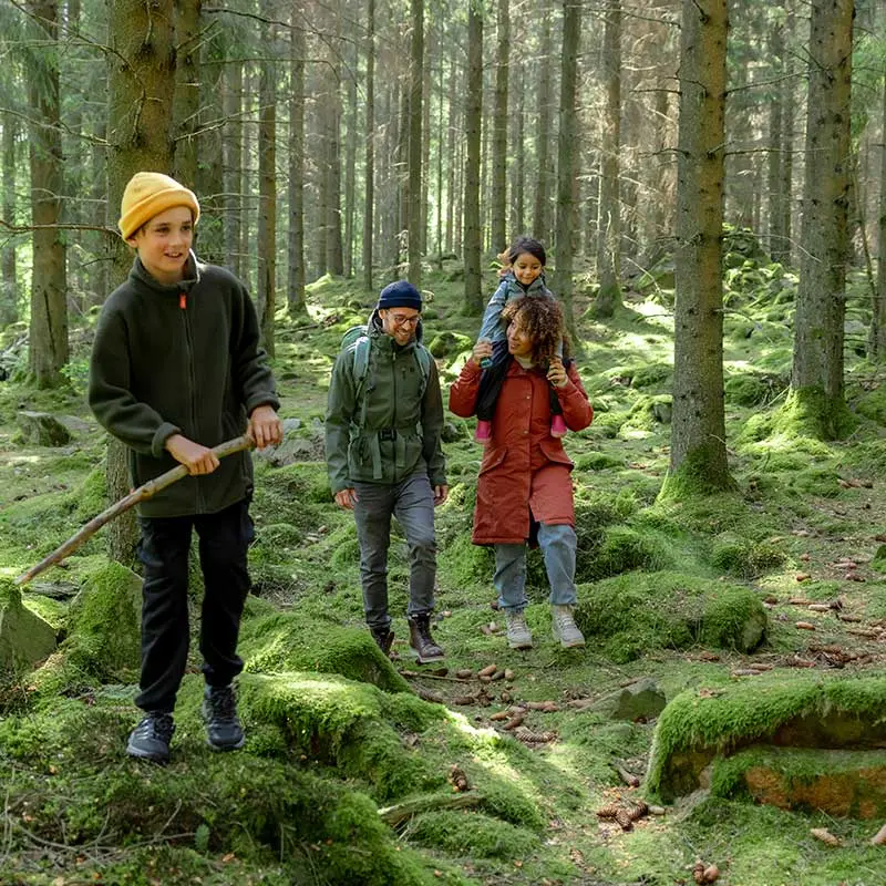 Familie på tur i skogen
