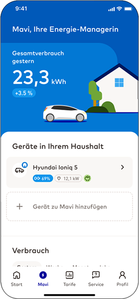 EnBW zuhause+ App Start Mavi-Dashboard