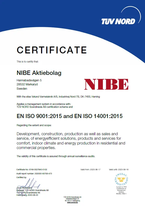 Reģistrācijas sertifikāts  ISO9001 un ISO14001