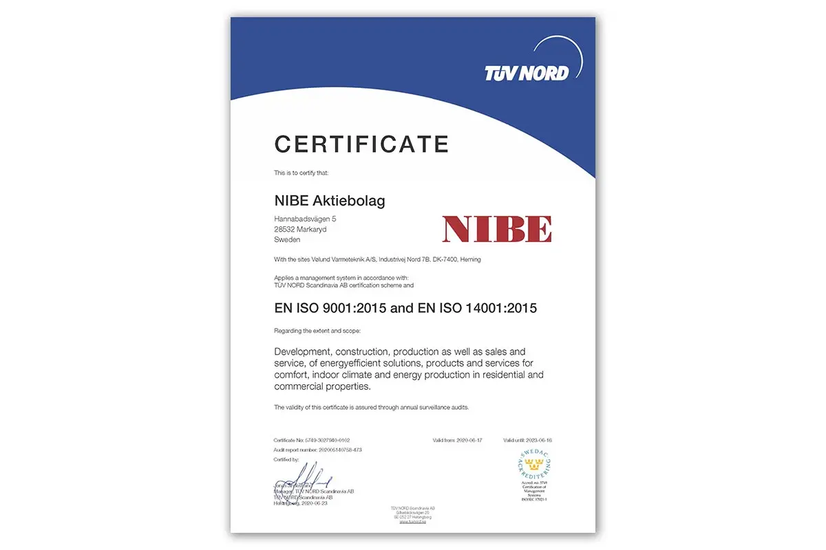 NIBE Certificate of Registration ISO9001 and ISO14001